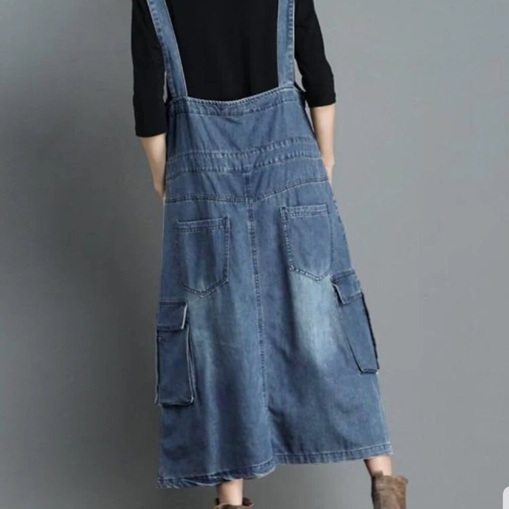 Denim Cargo Overalls Dress with Zipper Size M NWTO - Picture 7 of 9